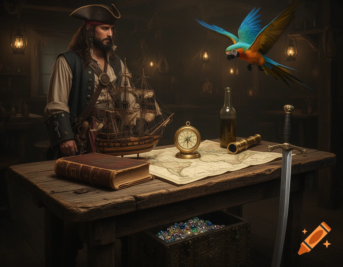 A photorealistic image of a pirate standing beside a wooden table with a ship model, map, and compass, as a parrot flies overhead.