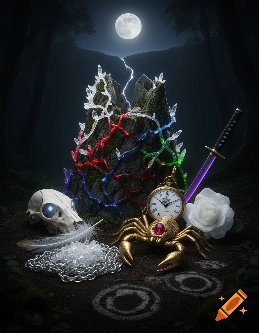 A mystical still life in a dark forest at night under a full moon. A jagged rock covered with glowing crystal vines in various colors is at the center. Around it are a glowing-eyed skull, a white rose, a katana with a purple blade, a golden scorpion with a ruby, a pocket watch, and a pile of crystals with a feather. Lightning strikes from the moon to the rock.