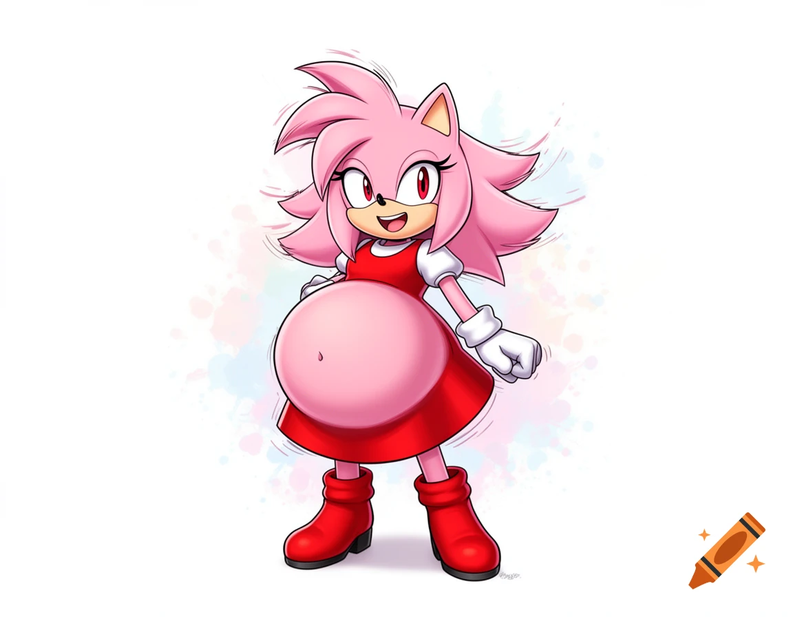 Amy Rose, a pink hedgehog from Sonic, smiles while standing, wearing a red dress and boots, showcasing a very large, round belly.