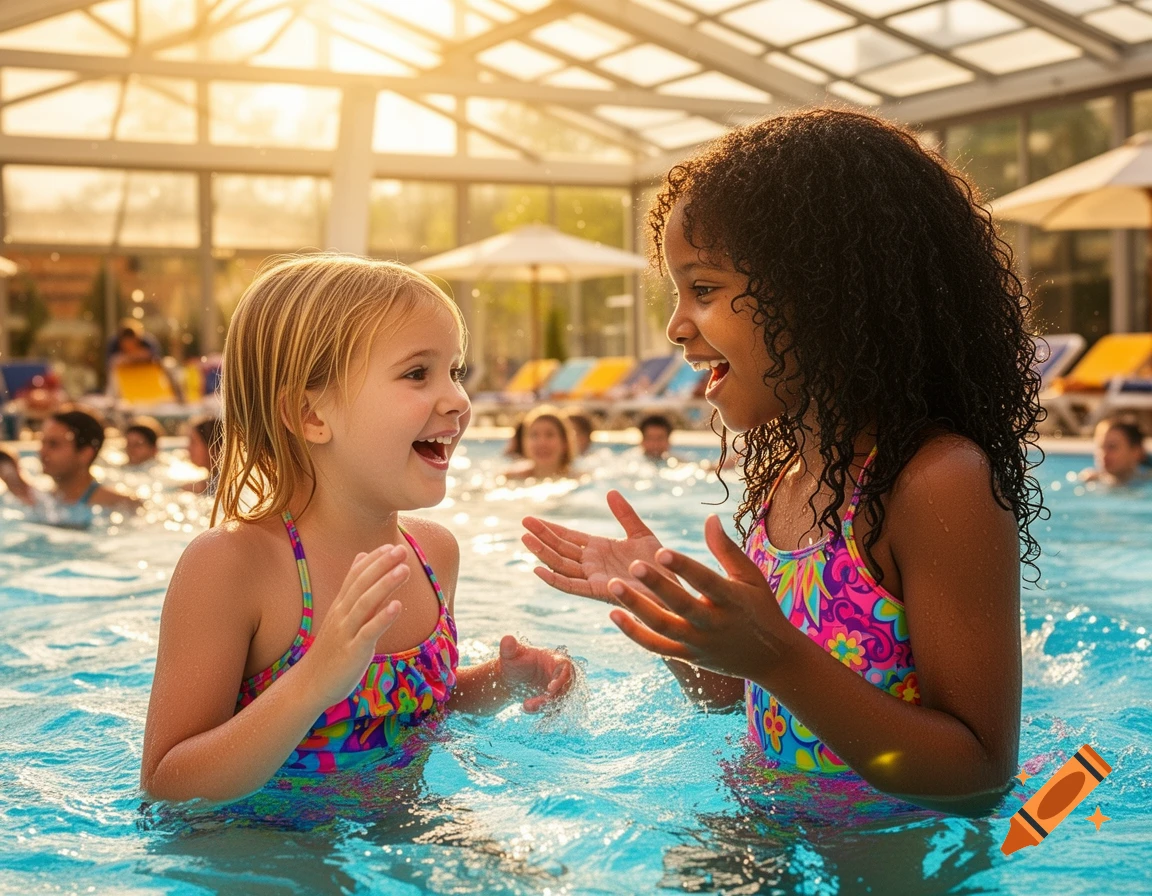 Two happy young girls laughing and playing in a sunny swimming pool with other people in the background, photorealistic.