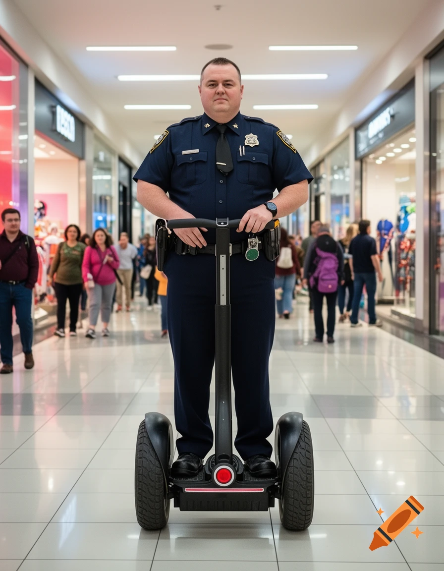 A police officer in a dark blue uniform stands on a Segway in the middle of a busy shopping mall, looking forward.