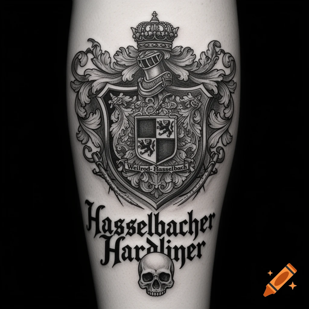 Detailed black and white tattoo on skin featuring an elaborate coat of arms with a crown and helmet, 'Weilrod-Hasselbach' text, and 'Hasselbacher Hardliner' with a small skull below.