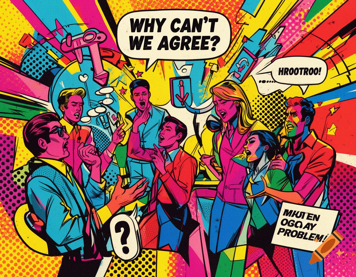 Pop art comic illustration of a diverse group of people passionately debating, with speech bubbles, in vibrant colors.