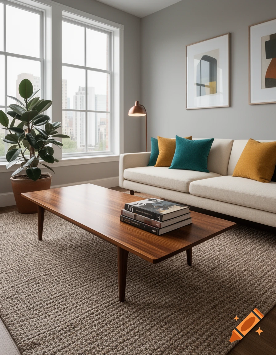 A modern living room with a light sofa, colorful pillows, a wood coffee table, a large plant, and windows.
