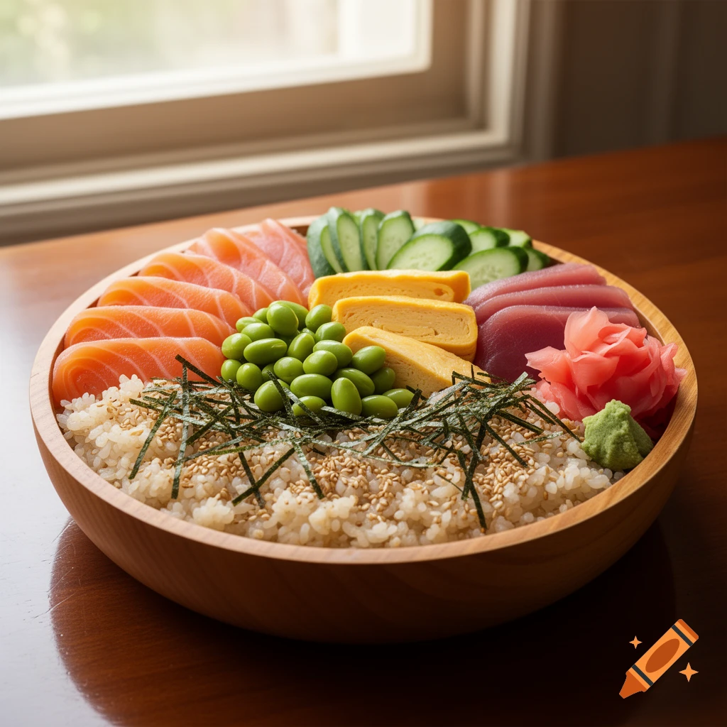 A photorealistic chirashi sushi bowl filled with salmon, tuna, edamame, cucumber, and rice, on a wooden table near a window.
