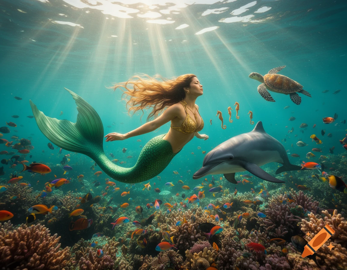 Painted mermaid swims with a dolphin, sea turtle, seahorses, and colorful fish above a vibrant coral reef under sunlit water.