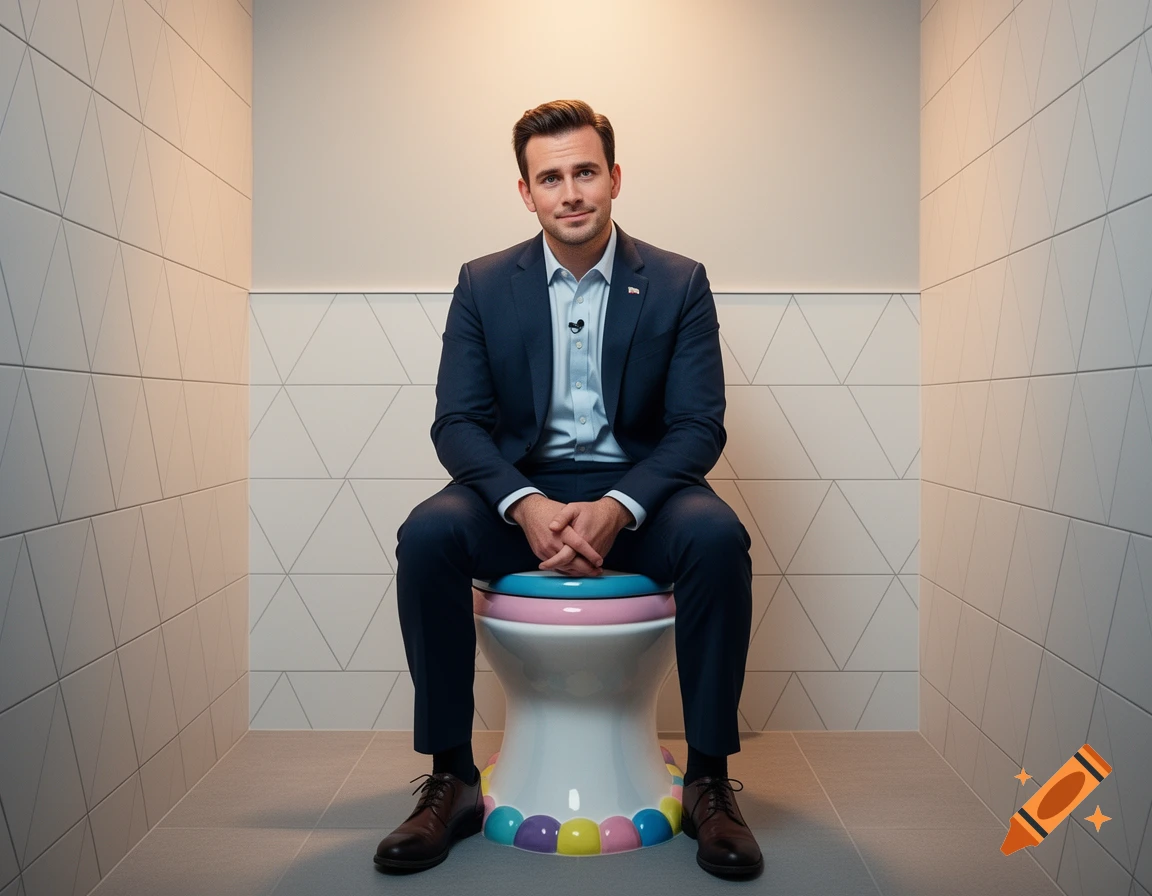 A man in a navy suit sits on a colorful child's potty in a modern tiled bathroom.