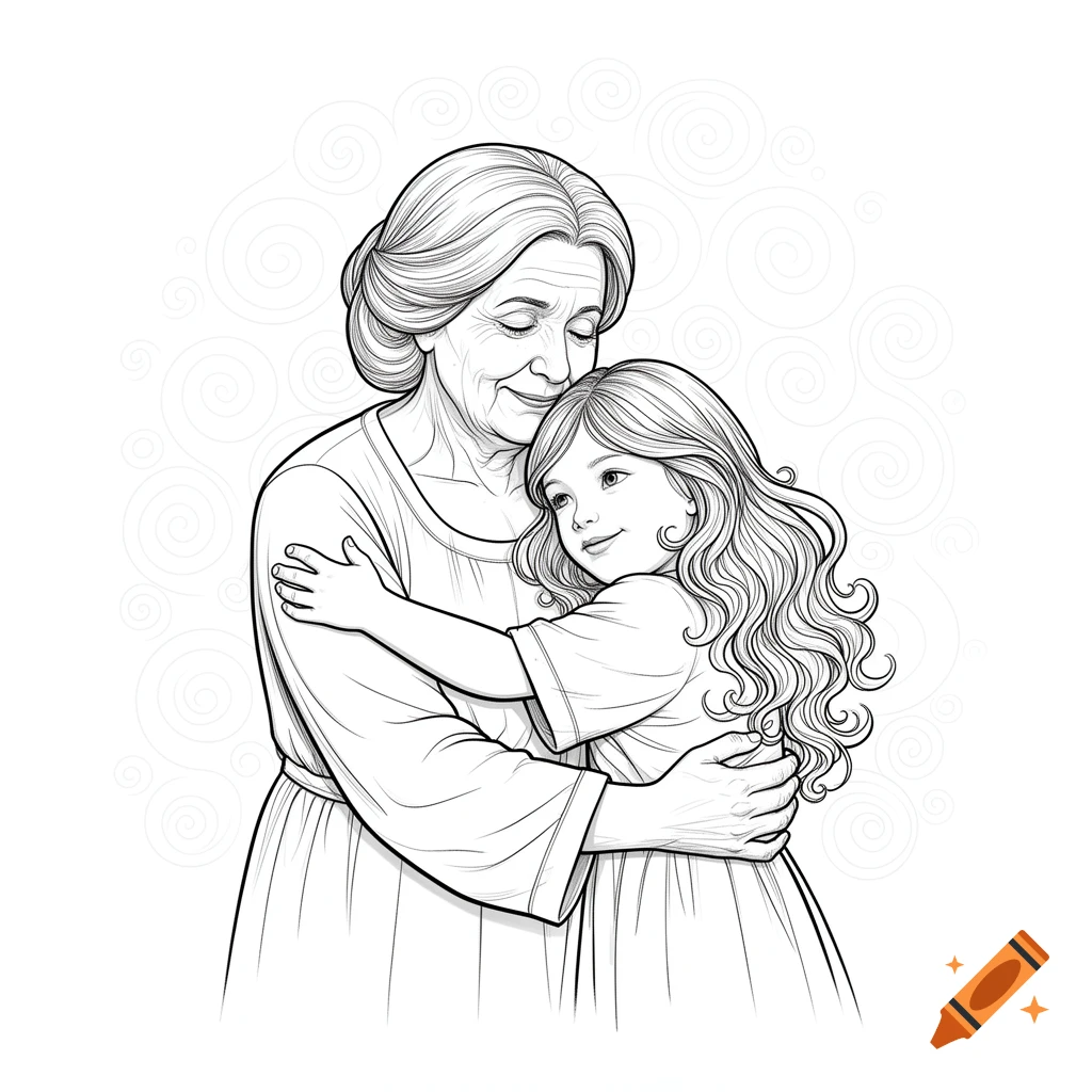 Black and white line drawing of a grandmother hugging her granddaughter, ready for coloring.