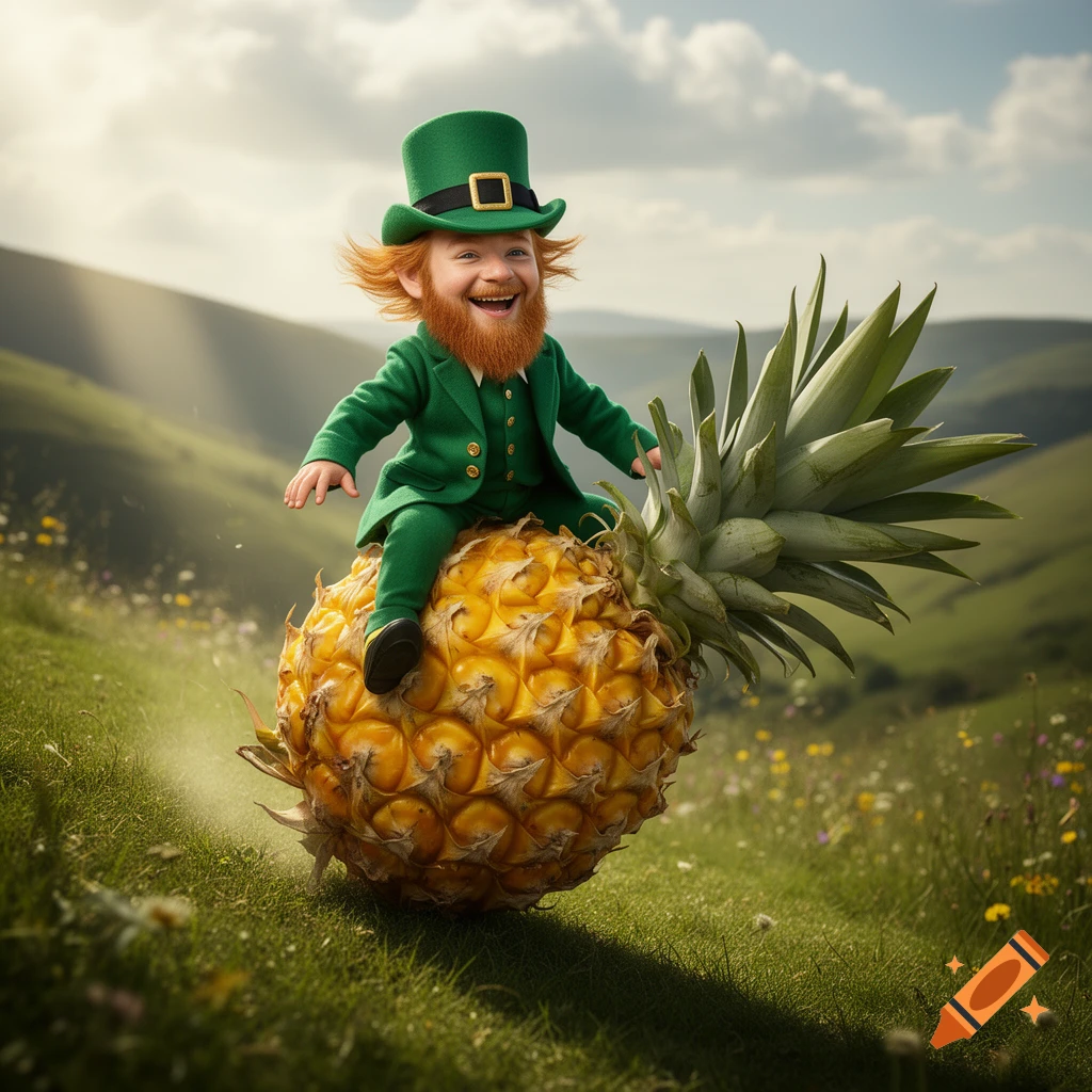 A joyful leprechaun with a red beard and green suit rides a giant pineapple down a grassy hillside under a cloudy sky.