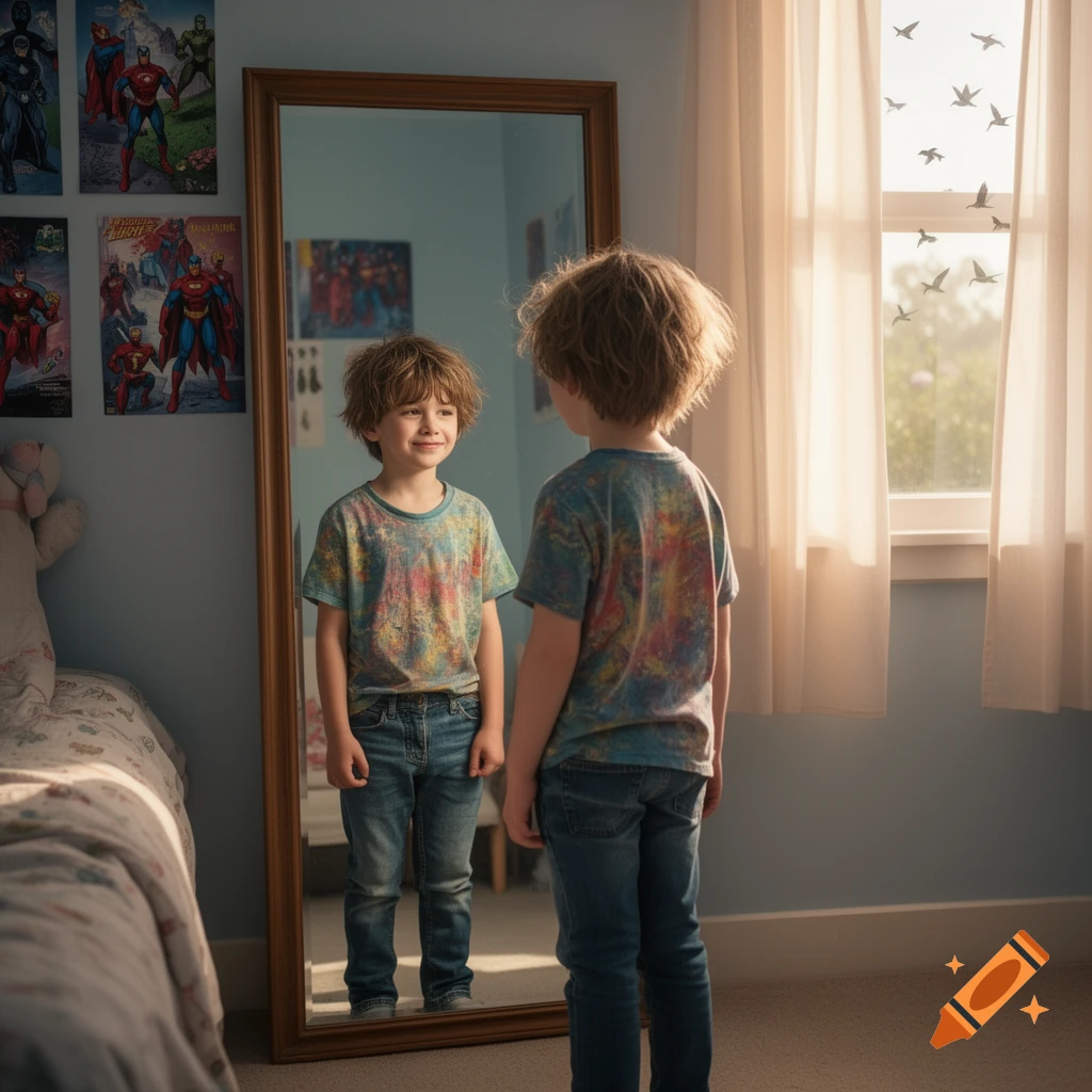 A young boy with messy hair smiles at his reflection in a tall mirror, standing in a sunlit bedroom with superhero posters.