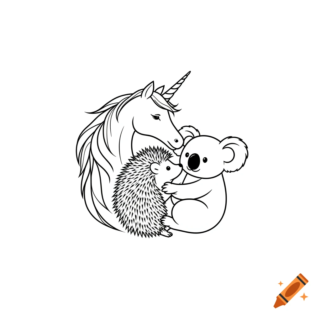 Simple black and white line art of a unicorn, hedgehog, and koala hugging.