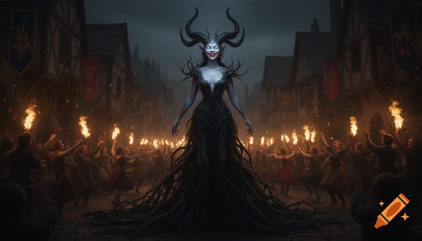 A demonic goddess with horns, glowing eyes, and a dark gown stands in a torchlit medieval village with dancing people and banners.