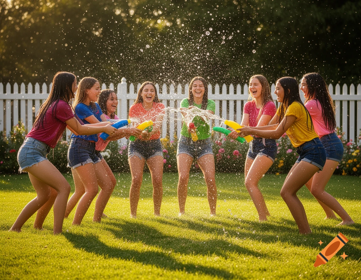 Several teenage girls laughing and spraying water at each other with water guns in a sunny backyard.