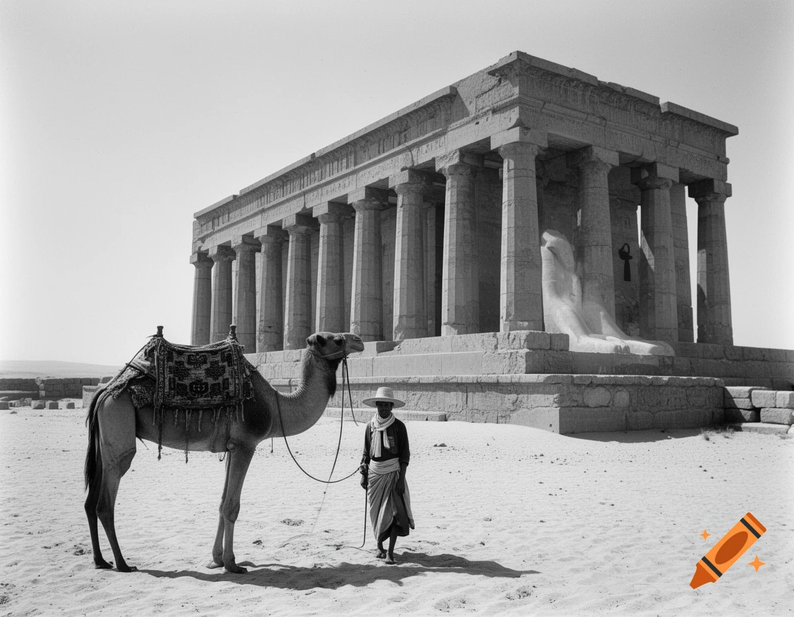 A black and white photo shows a camel and a person in a desert before a large ancient Egyptian temple.