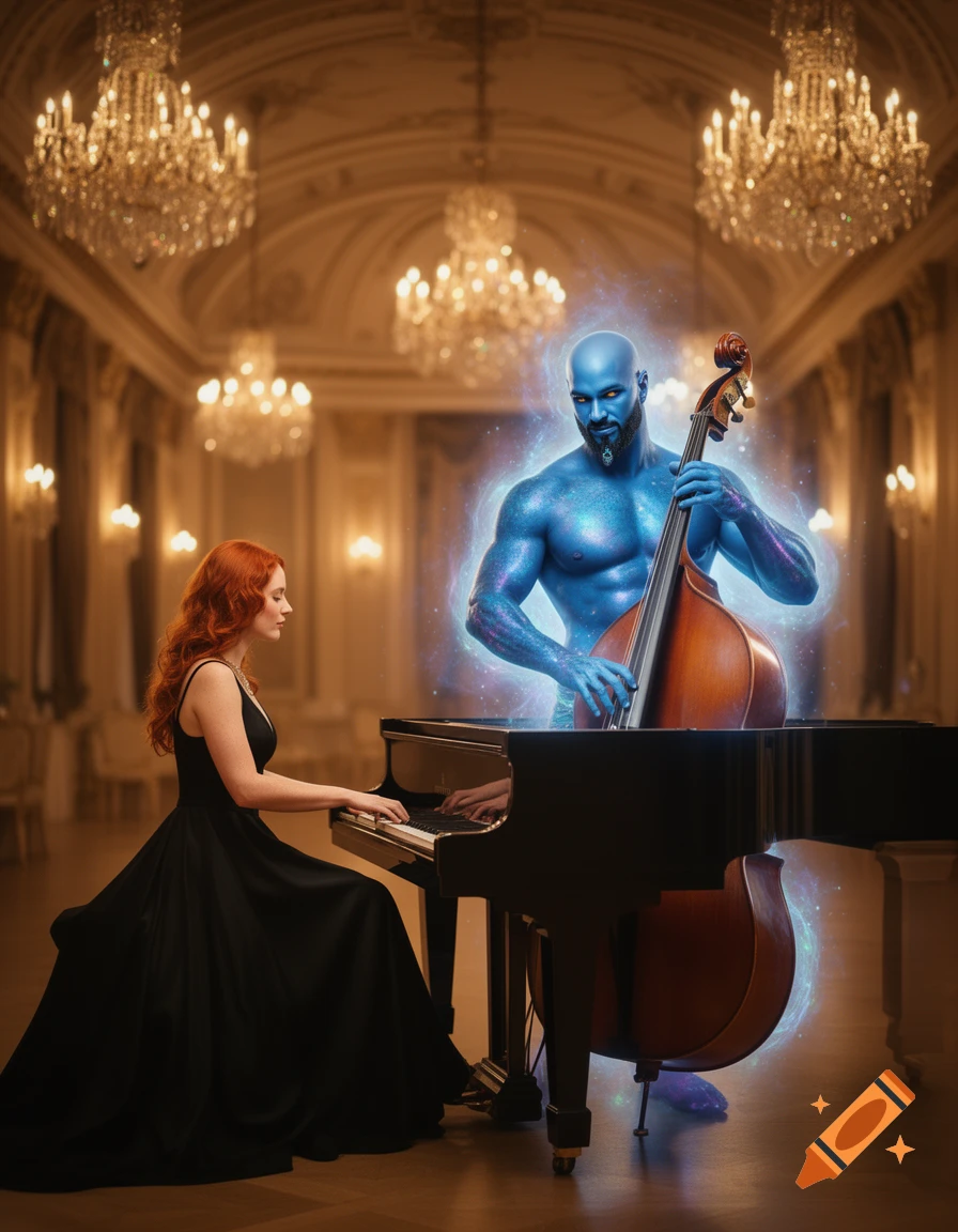 A red-haired woman plays a grand piano in a grand hall, as a blue, bald genie-like figure emerges playing a double bass.