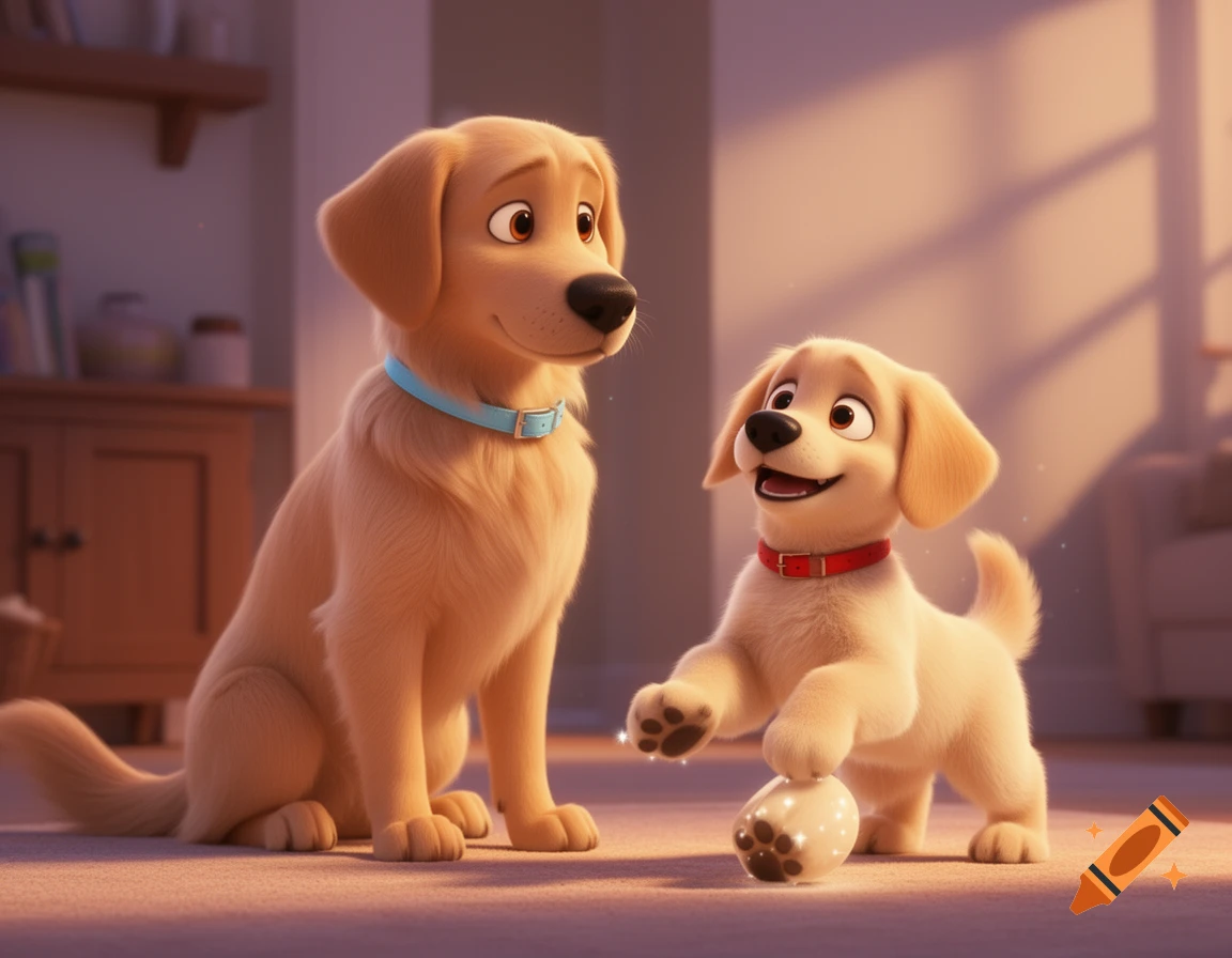 A larger animated golden retriever sits while a puppy playfully bats a glowing ball in a warm Pixar-style home.