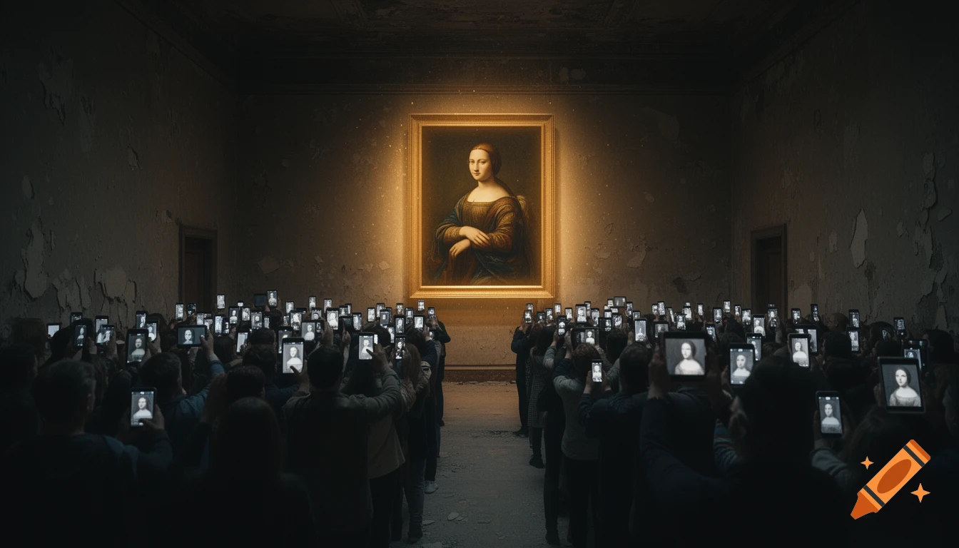 A crowd in a dark gallery holds up smartphones displaying the Mona Lisa, facing an original glowing Mona Lisa painting. Realistic style.