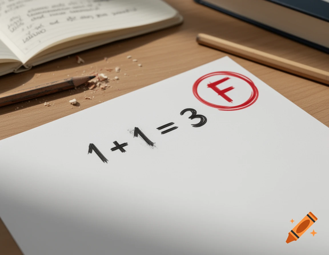A white paper with "1+1=3" written in black ink and a red circled "F" grade, next to a pencil and an open notebook.