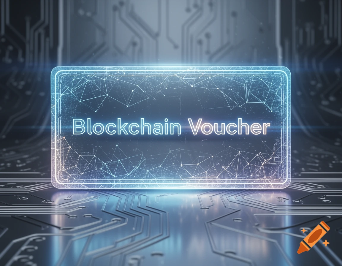 A glowing digital 'Blockchain Voucher' is displayed on a futuristic circuit board background with intricate glowing lines.