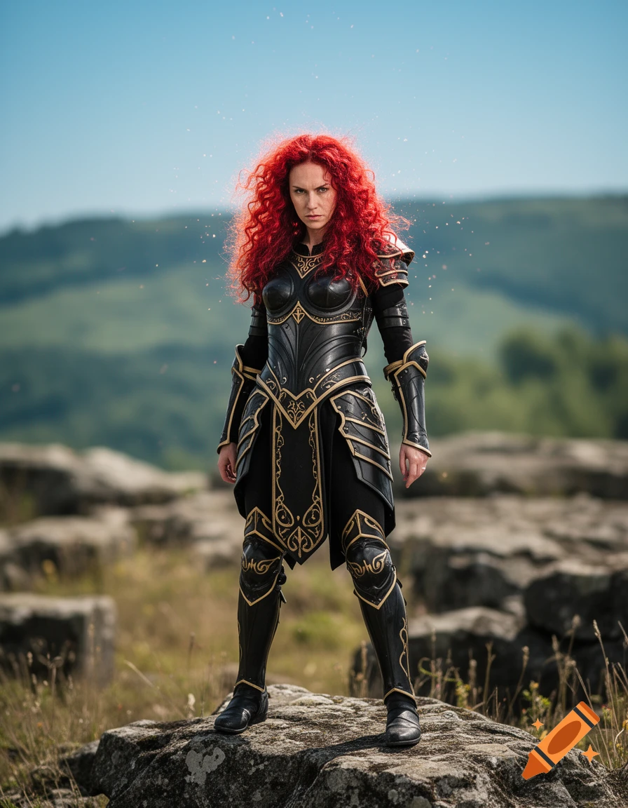 A female warrior with fiery red curly hair in ornate black and gold armor stands on a rocky outcrop, looking defiant.