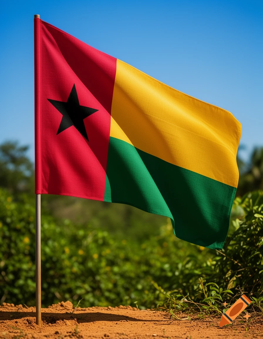 Photorealistic image of the Guinea-Bissau flag waving against a blue sky, green foliage, and brown earth.