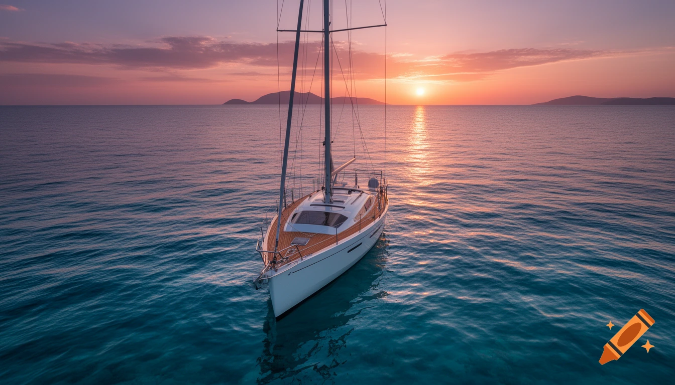 A white sailboat with a wooden deck floats peacefully on turquoise water at sunset, with a vibrant orange and purple sky and distant islands.