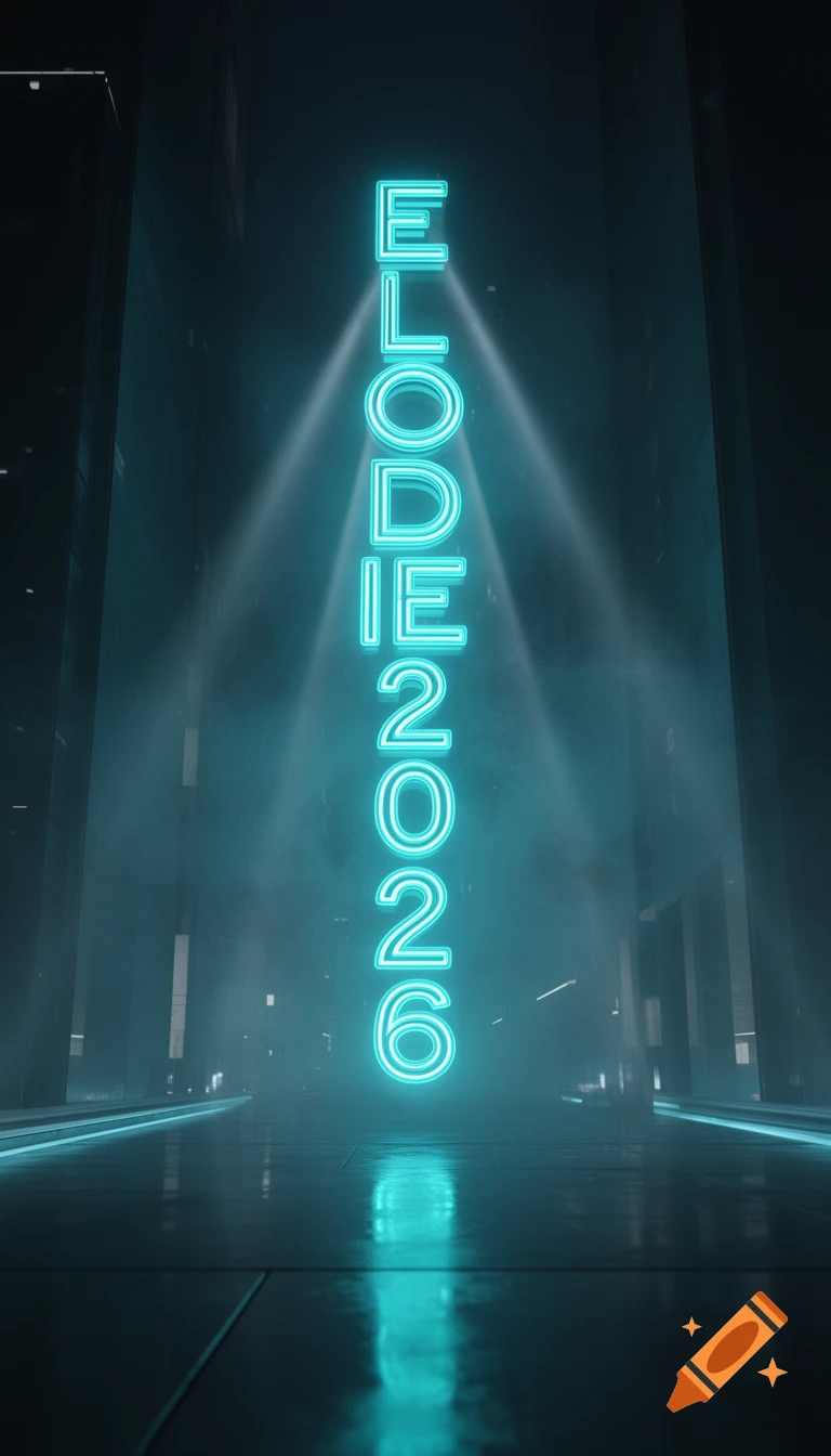 Bright teal neon sign 'ELODIE 2026' stands vertically in a dark, misty, futuristic urban scene with reflections.