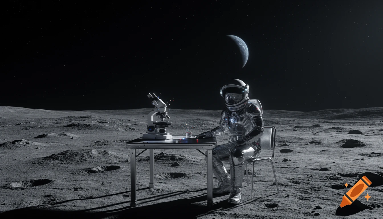 Photorealistic astronaut in futuristic suit at a microscope on a moonscape, with a crescent planet in the dark sky.