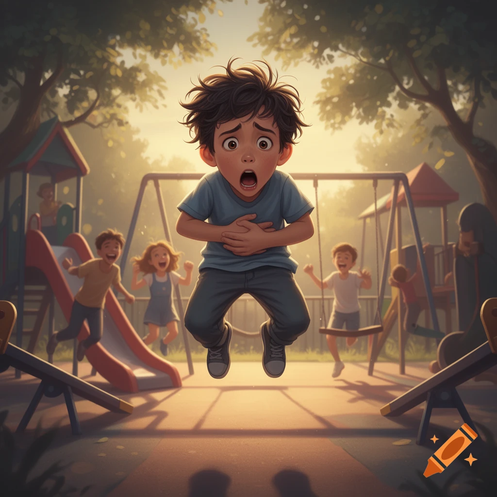 A cartoon boy floats in a sunny playground, clutching his stomach with a shocked expression.
