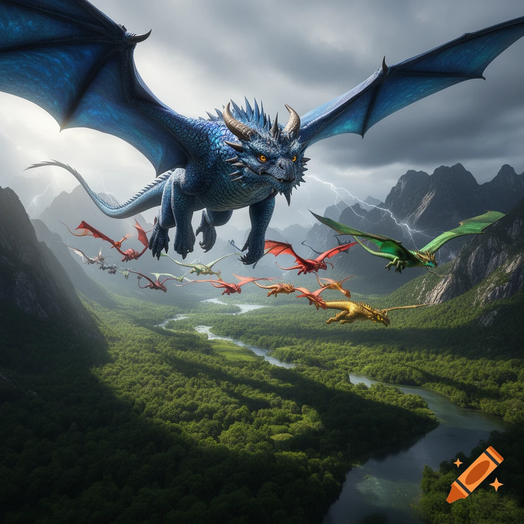 A large blue dragon flies ahead of a swarm of smaller colorful dragons over a lush green valley with a winding river.