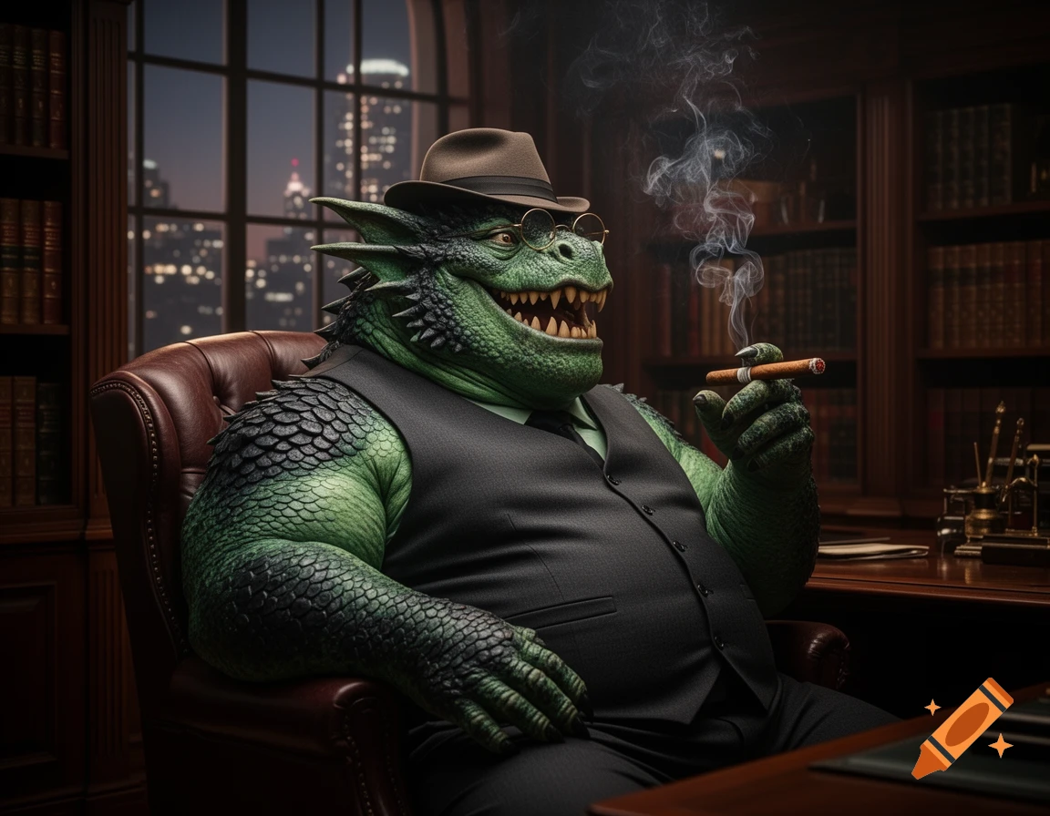 A green dragonborn mob boss in a vest, fedora, and small glasses sits in a luxurious office, smoking a cigar and laughing with a city view.