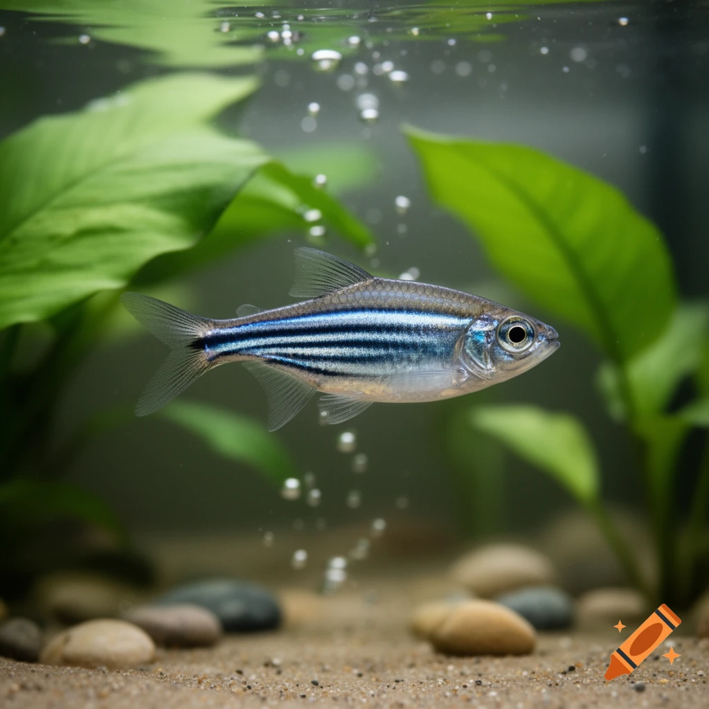 A close-up of a blue-striped zebra danio fish swimming in an aquarium with green plants, sand, and pebbles.