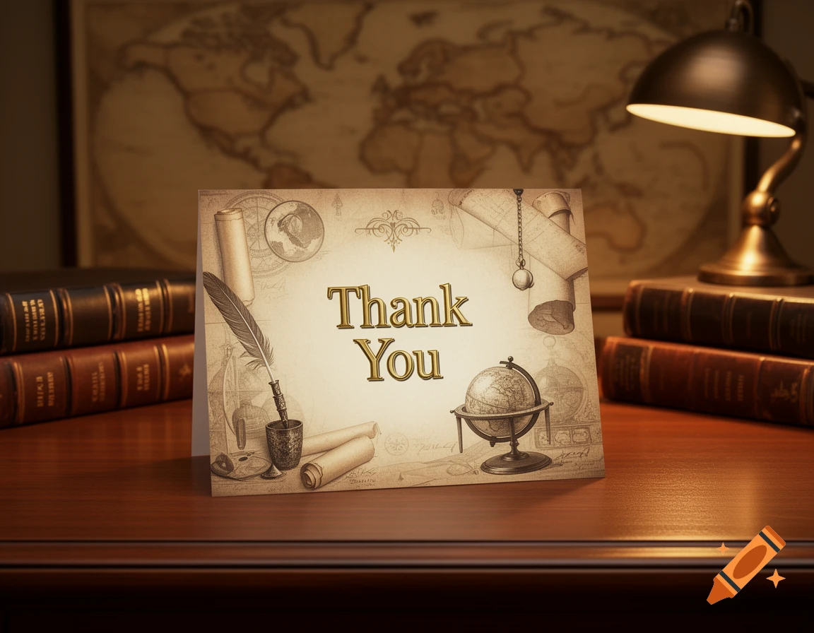 A vintage thank you card with 'Thank You' text, surrounded by historical items like a globe, quill, and old books on a desk.