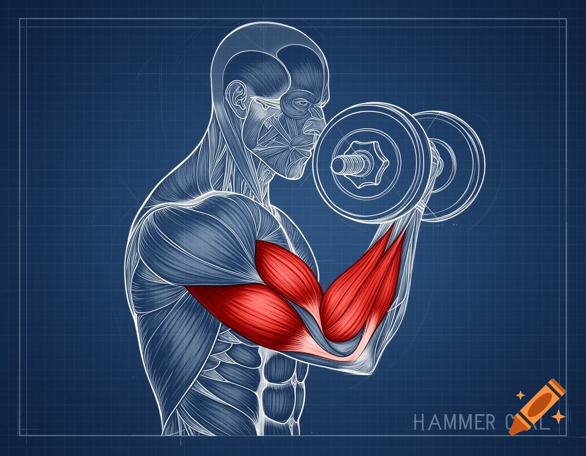 Blueprint-style anatomical illustration of a person performing a dumbbell hammer curl, highlighting arm muscles in red.