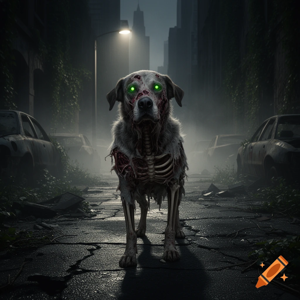 A zombie dog with glowing green eyes and exposed ribs stands on a dark, wet street in a ruined, overgrown city.
