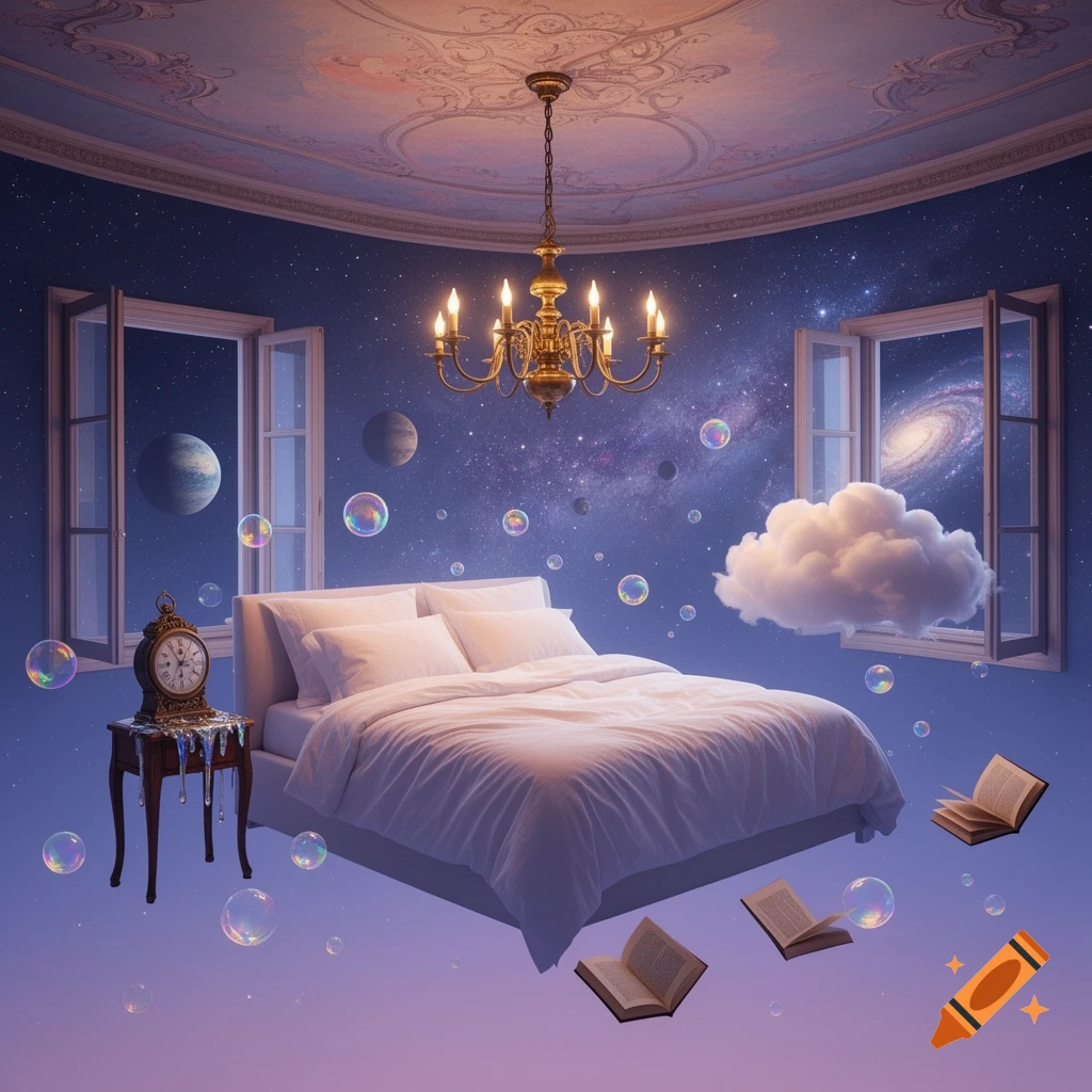 A surreal bedroom scene with a floating bed and chandelier, windows revealing planets and galaxies, bubbles, and floating books.