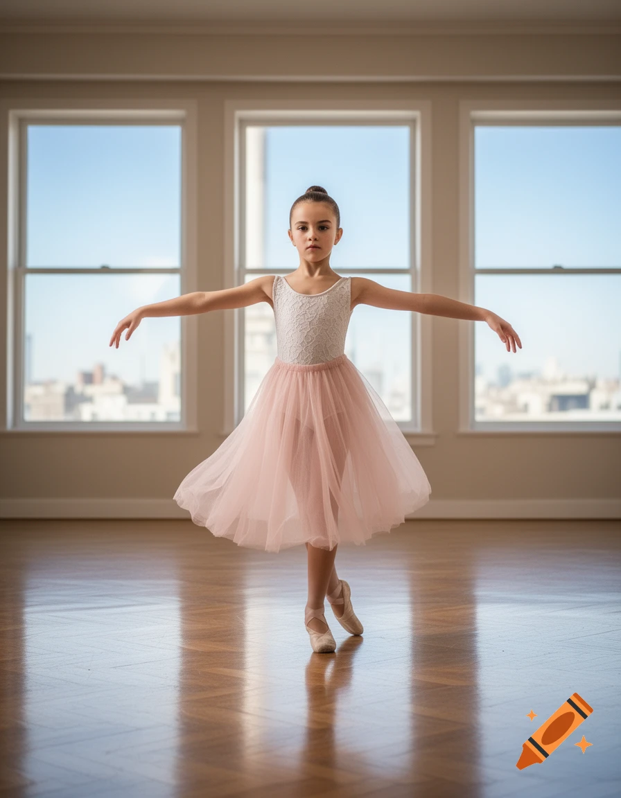A young girl in a white leotard and pink tutu poses en pointe in a dance studio with large windows.