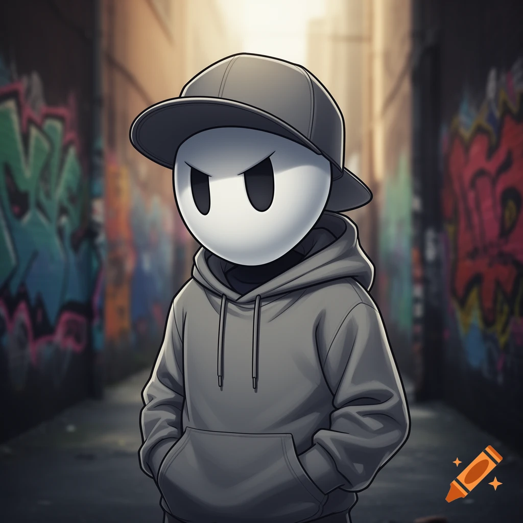 A cartoon ShyGuy character from Super Mario wearing a grey hoodie and baseball cap, standing in a graffiti-covered alley.