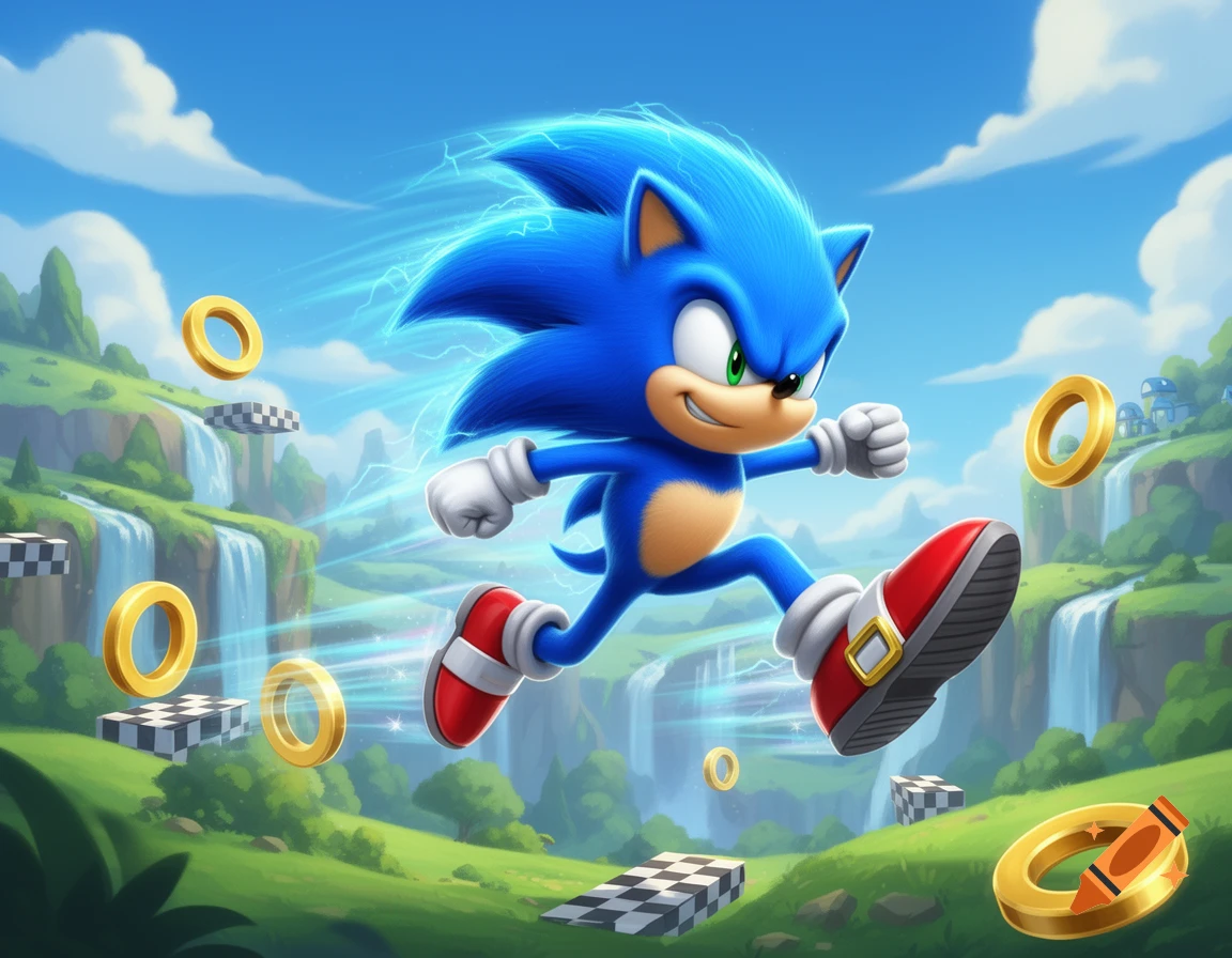 Sonic the Hedgehog runs through a vibrant green landscape with waterfalls, checkered platforms, and golden rings, leaving a blue speed trail.