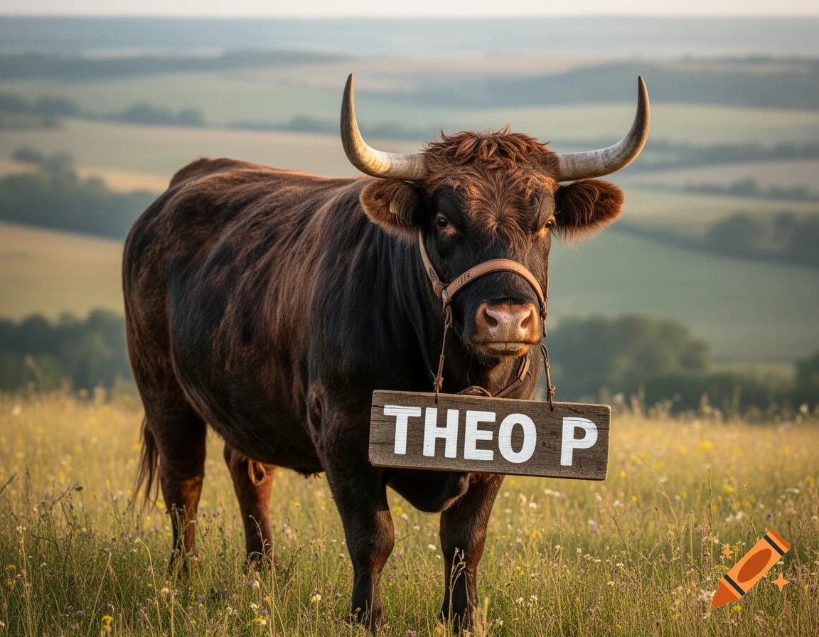 A photorealistic brown ox wearing a halter holds a wooden sign that says "THEO P" in a grassy field with rolling hills.
