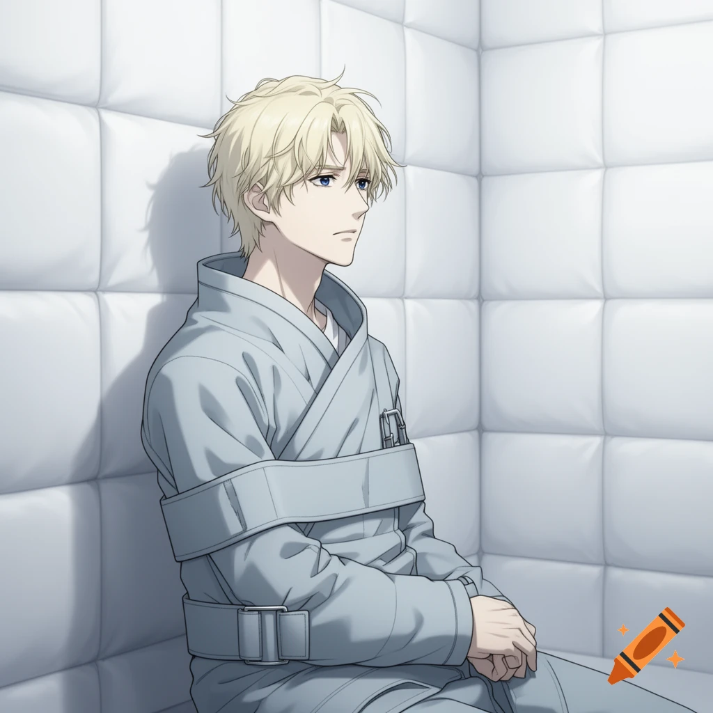 Anime-style illustration of a blonde male asylum inmate with blue eyes, wearing a straightjacket in a white padded room.