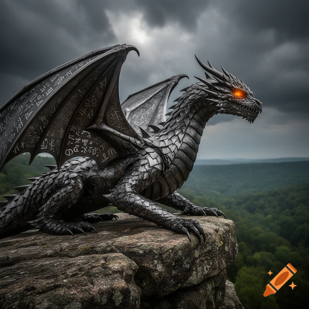 A majestic dark iron dragon statue with glowing orange eyes sits perched on a rocky cliff overlooking a vast green forest under a stormy sky.