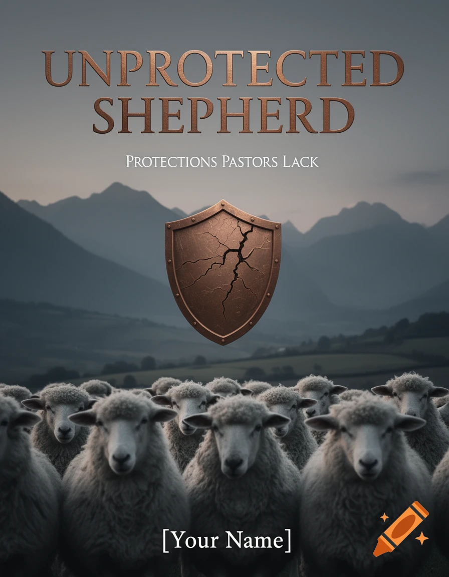 A photorealistic book cover with 'UNPROTECTED SHEPHERD' text, a cracked copper shield, and a flock of sheep in a mountainous landscape at dusk.
