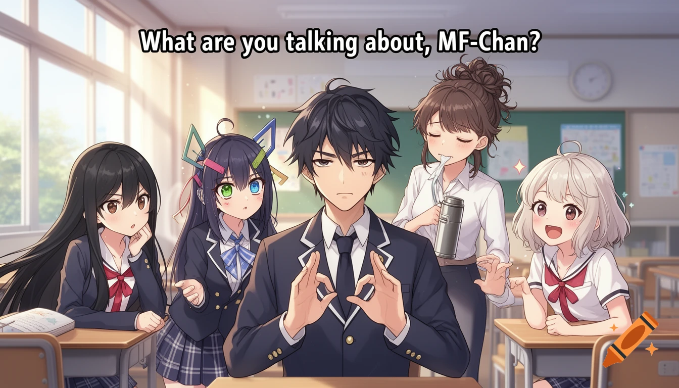Anime illustration of a male student looking tired, surrounded by four female students in a bright classroom.