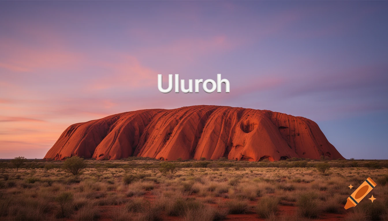 A cinematic shot of Uluru, a glowing red rock formation, at sunset with the word "Uluruh" in 3D text in the sky.