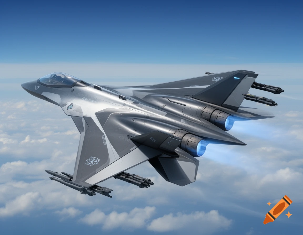 A sleek, futuristic dark gray and silver fighter jet with blue exhaust trails flies above white clouds in a blue sky.