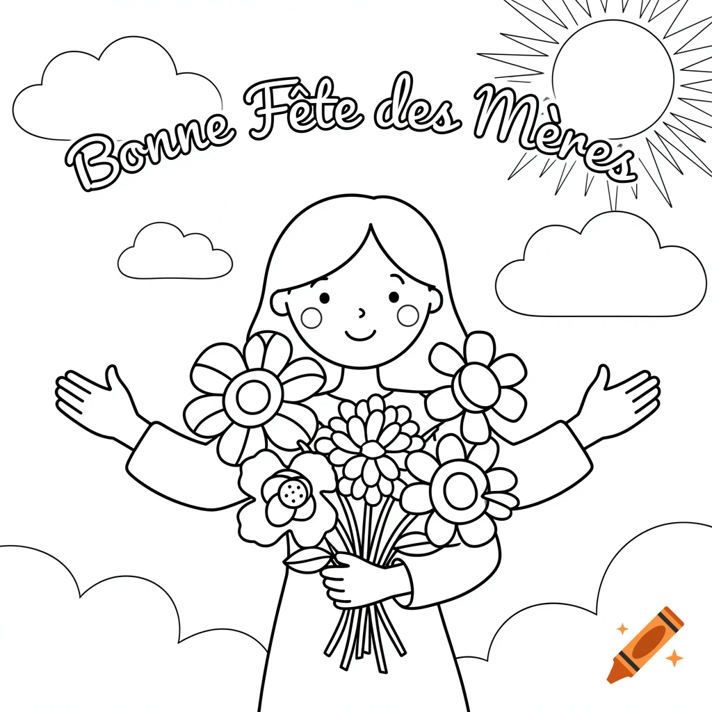 Line art coloring page for Mother's Day featuring a smiling woman holding a bouquet of flowers, with 'Bonne Fête des Mères' text, clouds, and a sun.