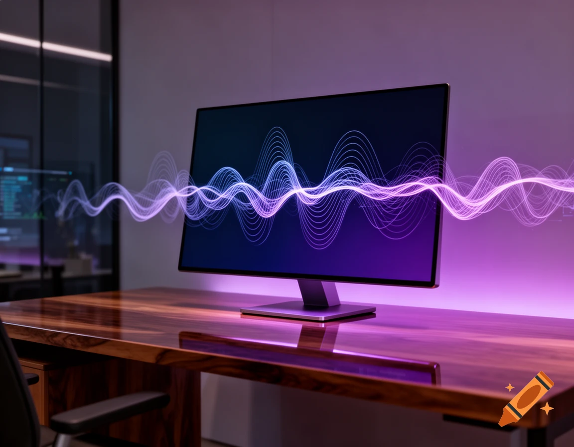 A modern office desk with a computer monitor displaying abstract blue and purple sound waves, illuminated by purple light.