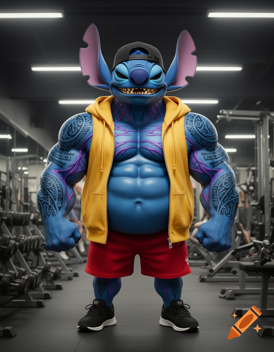 A muscular, blue Stitch from Lilo & Stitch, with Polynesian tattoos and purple veins, wearing a yellow hoodie, red shorts, black sneakers, and a backwards baseball cap, posing in a gym.