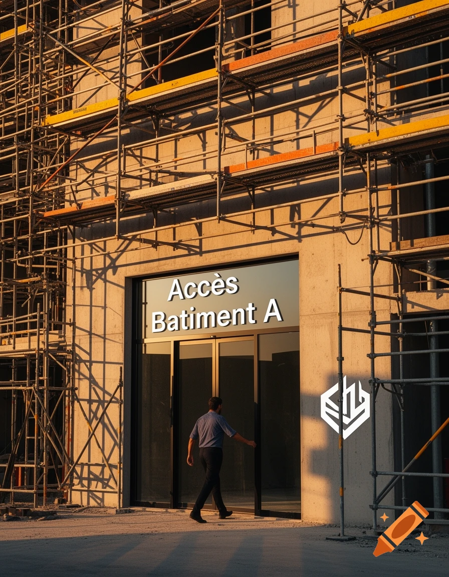 Photorealistic image of a man entering a modern building with "Acc ès Batiment A" on its glass door, surrounded by scaffolding at sunset.